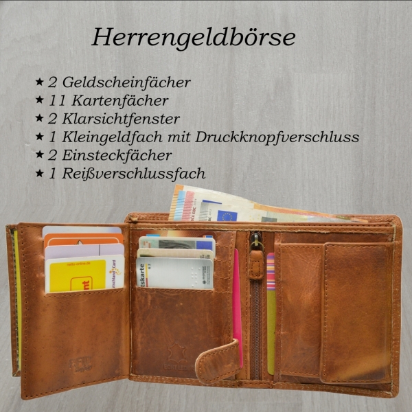 flevado Herrengeldbörse mit Druck Label Love,Loyalty, Friendship und RFID Schutz Echtes Leder Braun